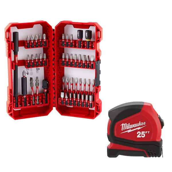 Milwaukee SHOCKWAVE Impact Duty Alloy Steel Screw Driver Bit Set (45-Piece) with 25 ft. Compact Tape Measure
