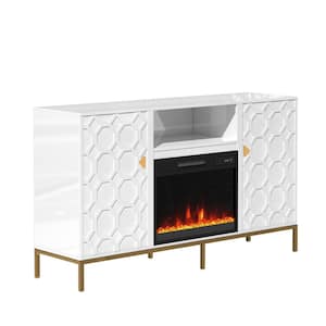 60 in. W Adjustable Shelf White TV Stand with 2-Cabinets and Fireplace