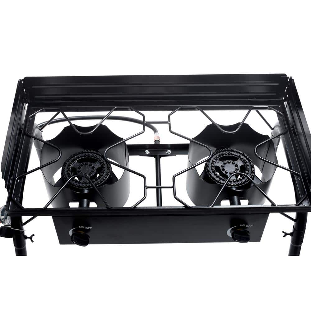 Flame King Black 2-Burner Propane Camp Stove with Windscreen