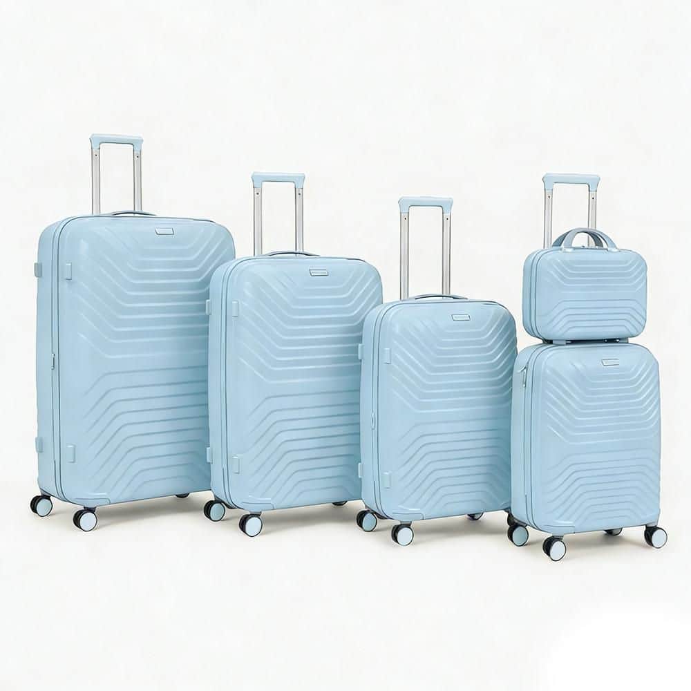 HIKOLAYAE 5-Piece PP Grey Blue Hardside Spinner Luggage Set Travel