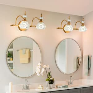 2-Light Vintage Bathroom Vanity Light Fixture Bathroom Lighting Modular Antique Gold Finish with Crystal Glass Shade