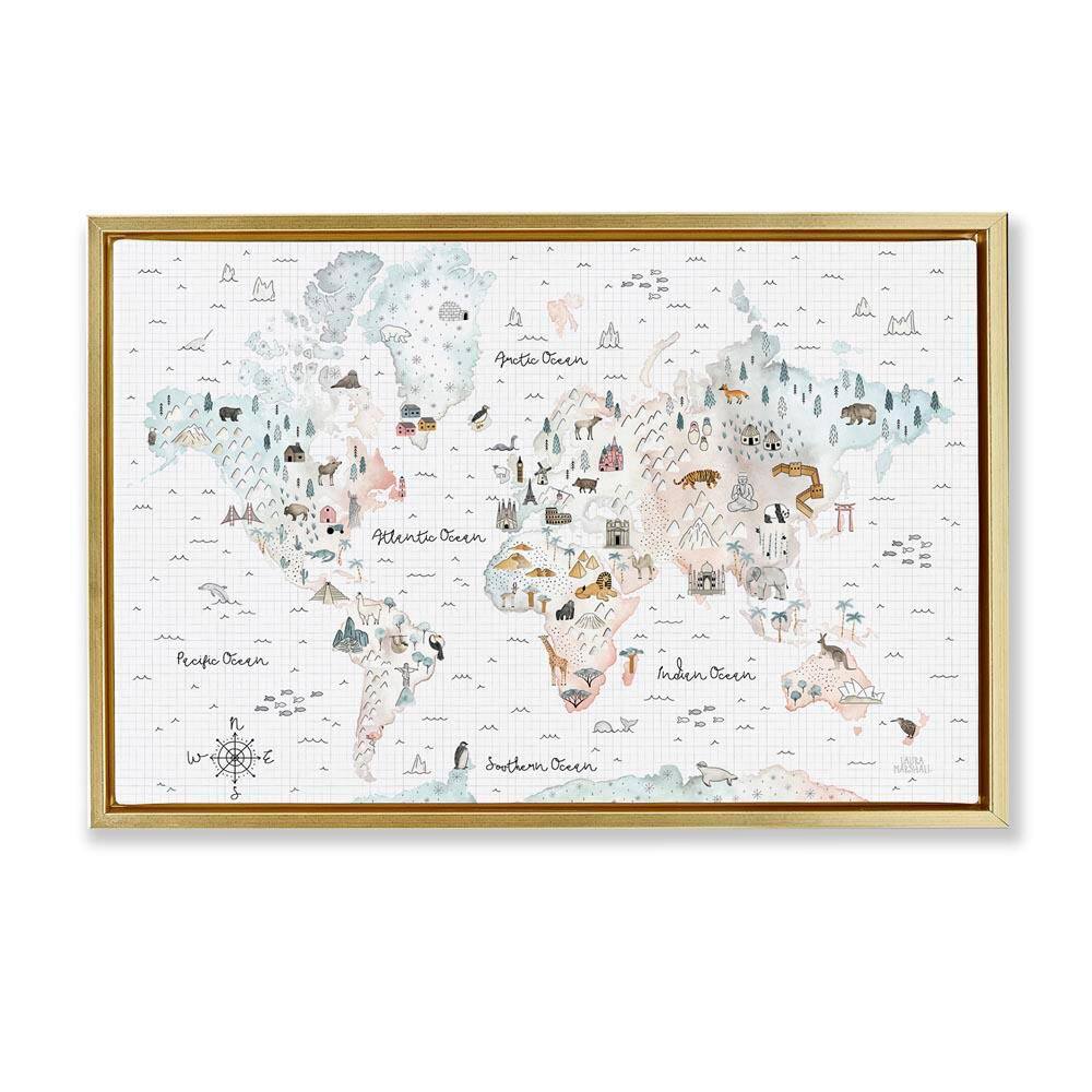 Whimsical World Traveler Map by Laura Marshall Gold Floater Frame Animal Graphic Art Print 17 in. x 25 in. price history on PriceWatchPro
