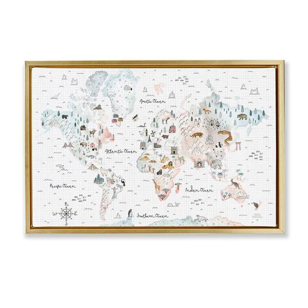 Whimsical World Traveler Map by Laura Marshall Gold Floater Frame Animal Graphic Art Print 21 in. x 31 in.