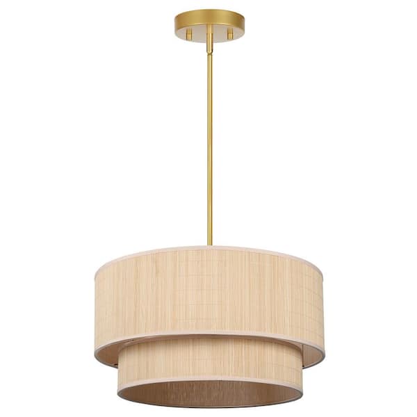Zenith 20 in. 4-Light Natural Rattan Tiered Drum Pendant Chandelier Light with Brass Hardware