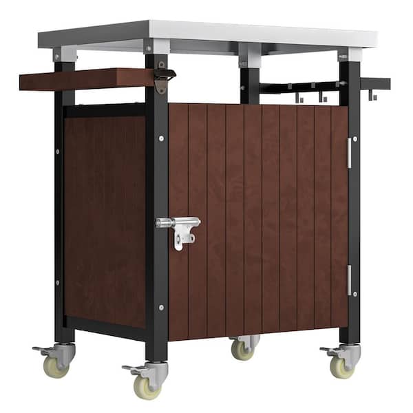 Unbranded Outdoor Brown Grill Cart with Stainless Steel Tabletop, Patio Kitchen Island with Wheels, Hooks, Spice Rack