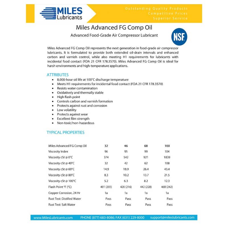 Miles-Advanced Fg Comp Oil 100 - 16 oz. Food Grade-Synthetic Rotary Compressor H-1 Regirstered Fluid (Pack of 12)