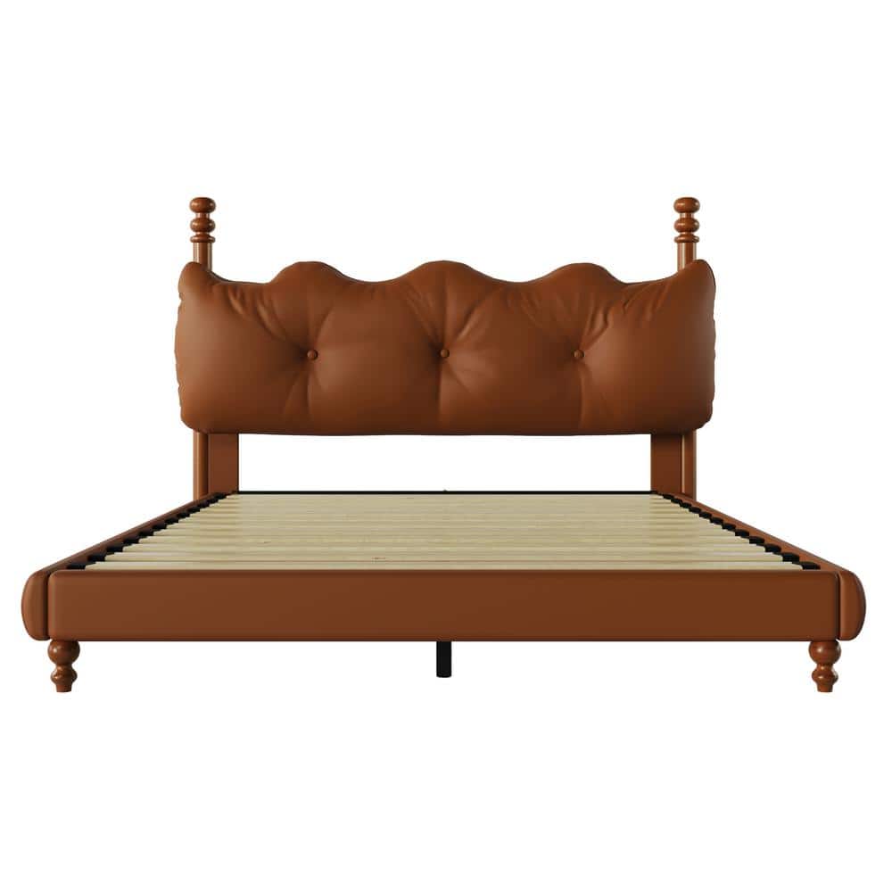 Queen Size Coffee Faux Leather Upholstered Bed with Tufted Headboard
