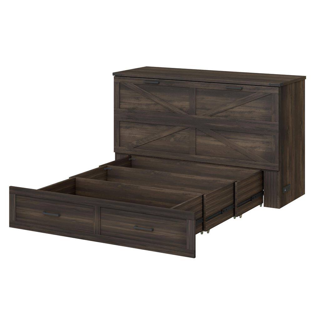 Rustic Gray Wood Frame Queen Farmhouse Murphy Bed with Charging Station, Foldable Cabinet Bed with Large Storage Drawer - thumbnail 6