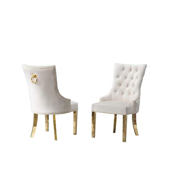 Best Quality Furniture Sam Cream Velvet Stainless Steel Gold Dining Chairs (Set of 2)