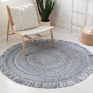 Braided Blue/Ivory 4 ft. x 4 ft. Round Striped Geometric Area Rug