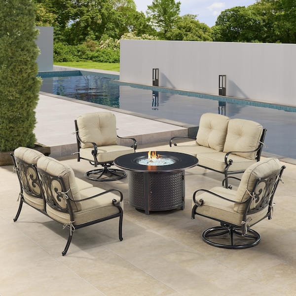 Oakland Living Black Aluminum Fire Table Set with 2-Loveseats and 2-Club Chairs