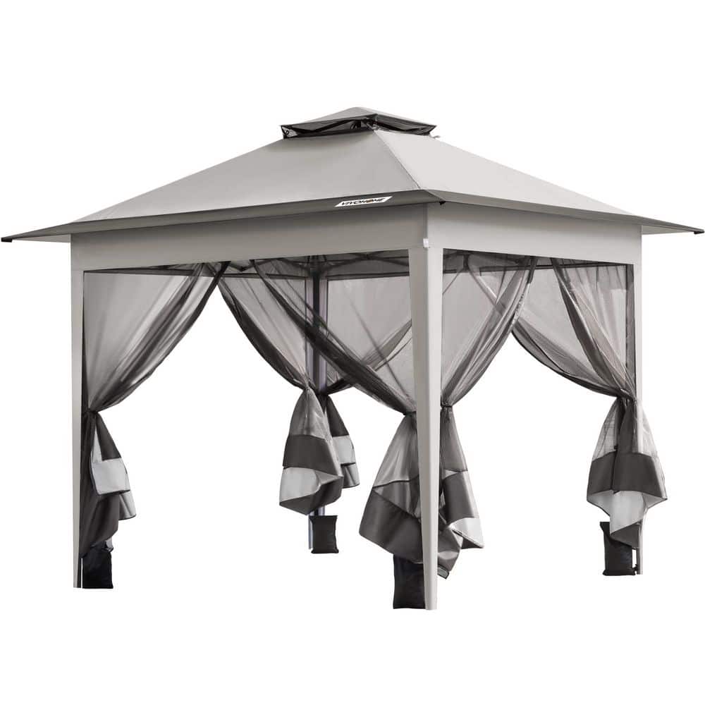 VIVOHOME 10 ft. x 10 ft. Double-Tiered Roof Pop Up Grey Canopy