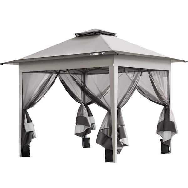 10 ft. x 10 ft. Double-Tiered Roof Pop Up Grey Canopy with Mosquito Netting