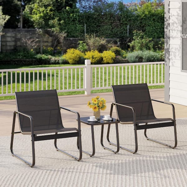 3-Piece Steel Outdoor Patio Bistro Set with Glass Table, Lofka Comfortable Chairs for Poolside Porch Lawn, Black