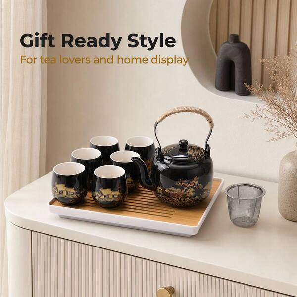 Numhew 6-Cup Black Japanese Beautiful Asian Porcelain Tea Set with
