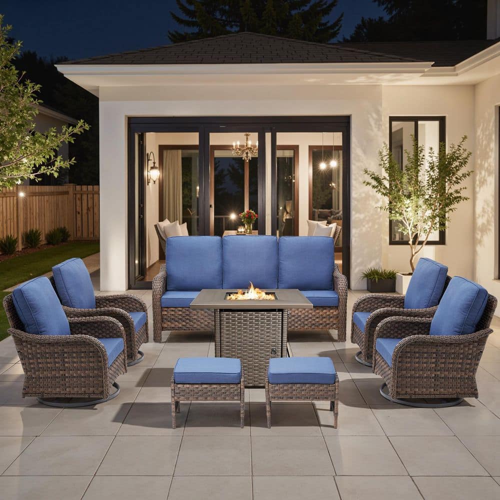 Rainf 8-Piece Brown Patio Conversation Set with Propane Fire Pit Table, Outdoor Sofa Swivel Chairs with Blue Cushions price history on PriceWatchPro