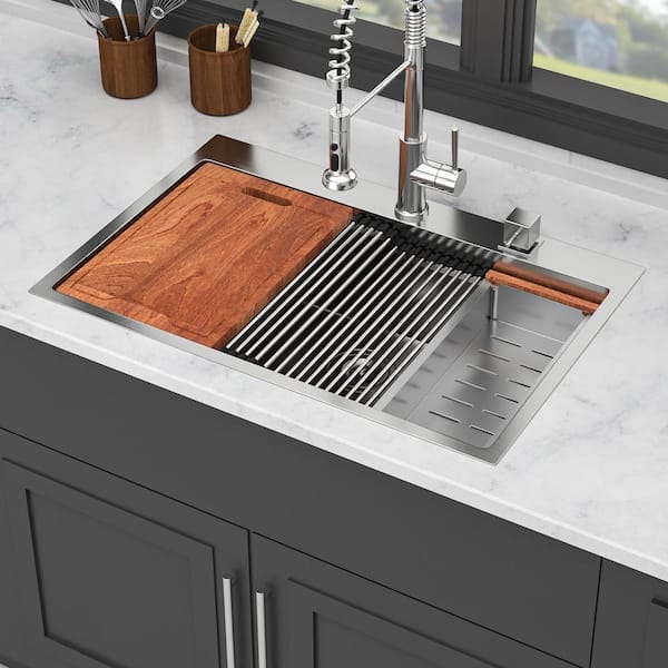 33 in. Drop-In Single Bowl 16 Gauge Brushed Nickel Stainless Steel Kitchen Sink with Workstation