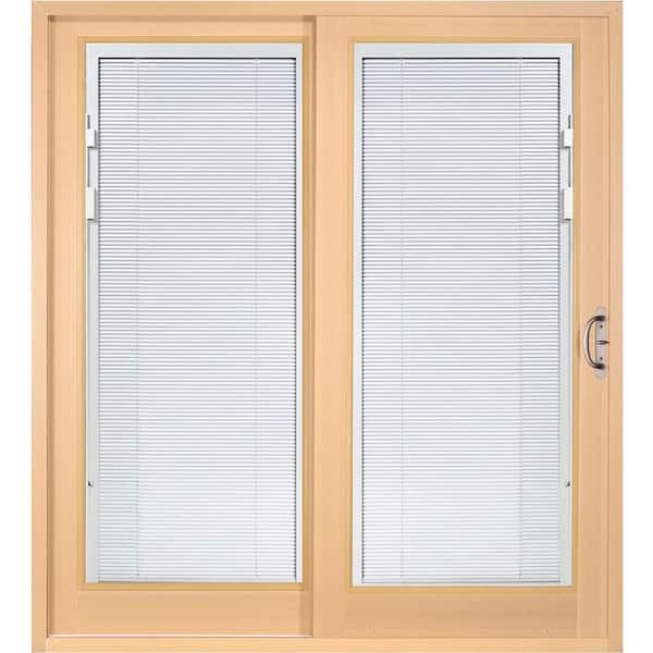 72 in. x 80 in. Woodgrain Interior Composite Prehung Left-Hand Sliding Patio Door with Low-E Blinds Between Glass