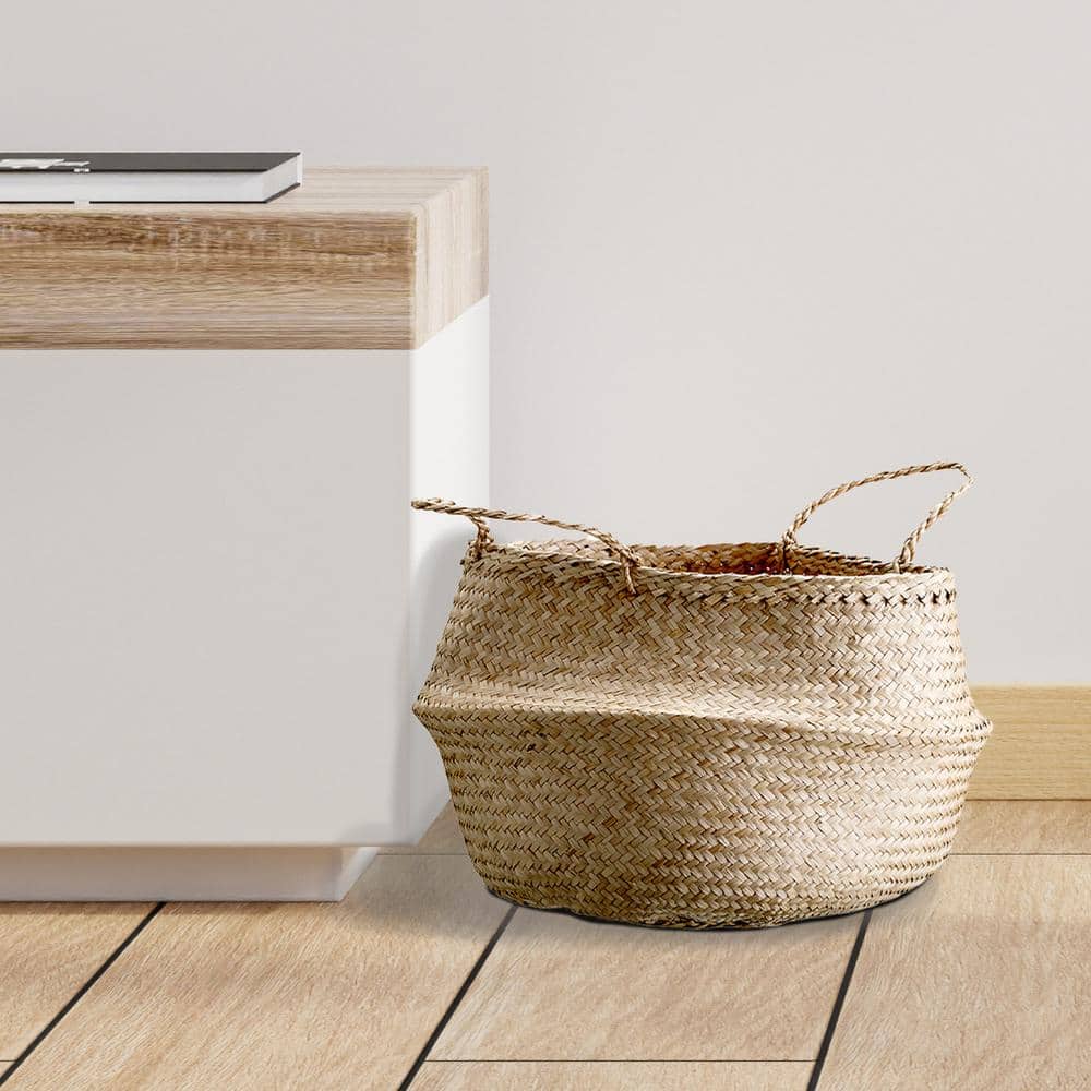 Natural Seagrass Round Collapsible Storage Basket with Handles
