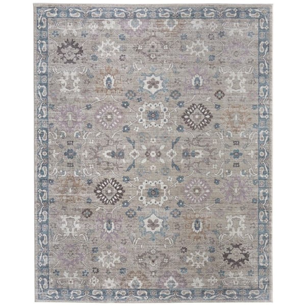 5 ft. x 8 ft. Gray Blue And Taupe Floral Distressed Area Rug