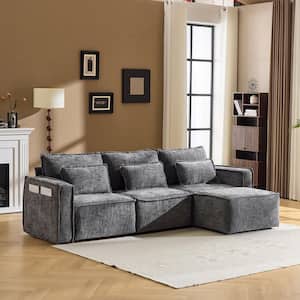 Compress Block's Collection 110 in Wide Square Arm Chenille L-shaped Mordern Sofa in. Gray with Ottoman