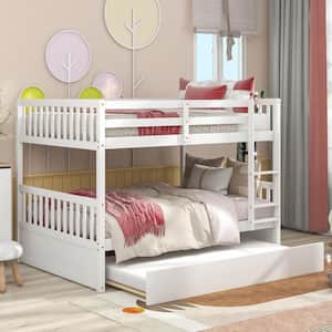 White Wood Full Over Full Bunk Bed with Trundle And Ladder