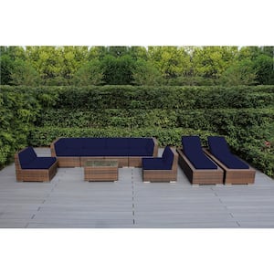 Mixed Brown 9-Piece Wicker Patio Combo Conversation Set with Sunbrella Navy Cushions
