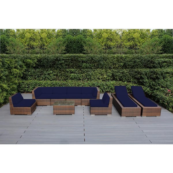Ohana Depot Mixed Brown 9-Piece Wicker Patio Combo Conversation Set with Sunbrella Navy Cushions