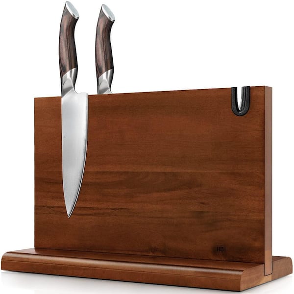 14-Knife 14 in. Acacia Wood Magnetic Knife Block with Whetstone, Non-Slip Pad, Double Sided Magnetic Knife Holder Rack