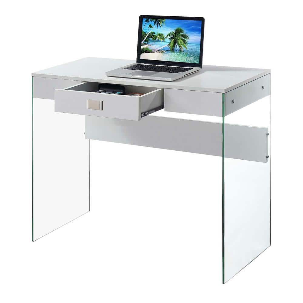 SoHo Chic White Glass Desk with Sleek Drawer, 36 in.