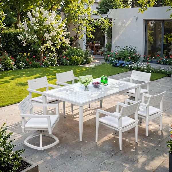wayofatry 7-Piece Aluminum Outdoor Dining Furniture Set with Sunbrella Cushions and Rectangle Dining Table in White and Gray