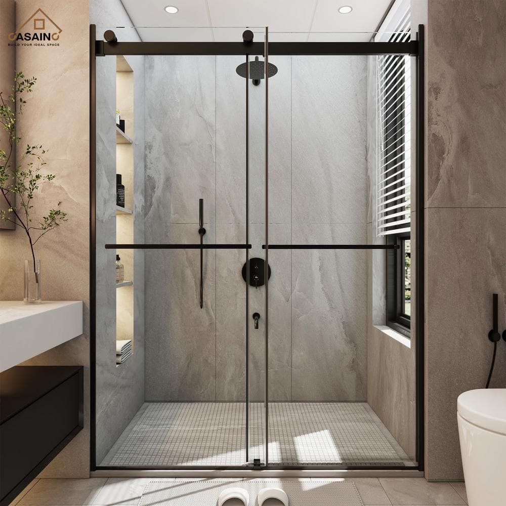 Black Frameless Double Sliding Bypass Shower Door 48" x 76"