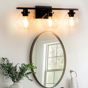 Elegant 25 in. 3-Light Matte Black Bathroom Vanity Light, Modern Farmhouse Wall Sconce with Open Globe Glass Shades