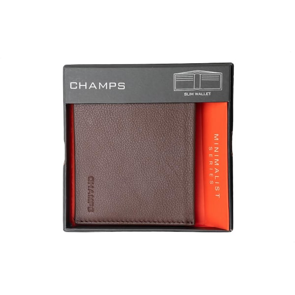 CHAMPS Minimalist Brown Genuine Leather RFID Blocking Slim Wallet Card Holder in Gift Box