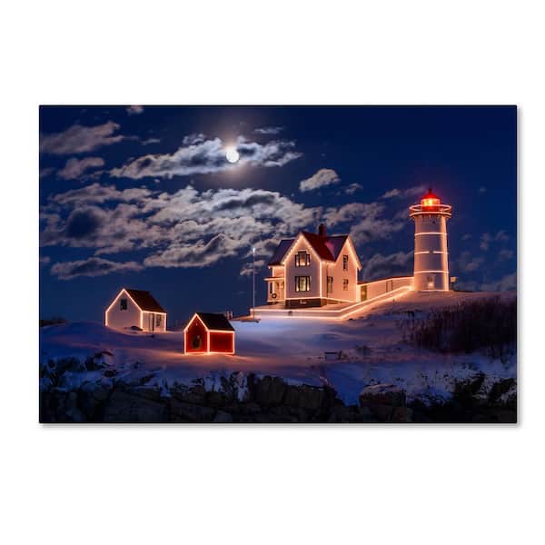 Trademark Fine Art Moon over Nubble by Michael Blanchette Photography Hidden Frame Architecture Wall Art 22 in. x 32 in.