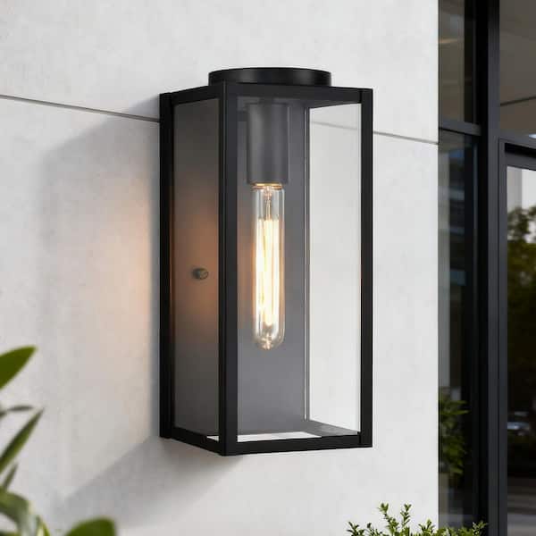 13 in. Matte Black 1-Light Outdoor Wall Cage Lantern Sconce for Patio with Clear Glass Shade