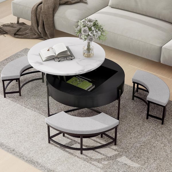 Harper & Bright Designs 4 Pieces 31.5 in. Black and White Round MDF Lift Top Coffee Table with 3 Ottomans and Hidden Storage