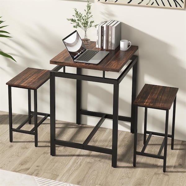 HONEY JOY 3-Piece Square Brown Wood Top Bar Table Set with Stools Floating Tabletop and Footrest Industrial Pub for Small Space