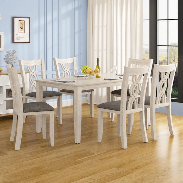 7-Piece Wood Top Gray Dining Table Set with Infinity Back Chairs and Upholstered Seats Farmhouse Kitchen Table Set for 6
