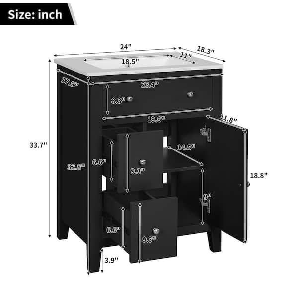 Polibi 24 in. Freestanding Black Bath Vanity with White Ceramic