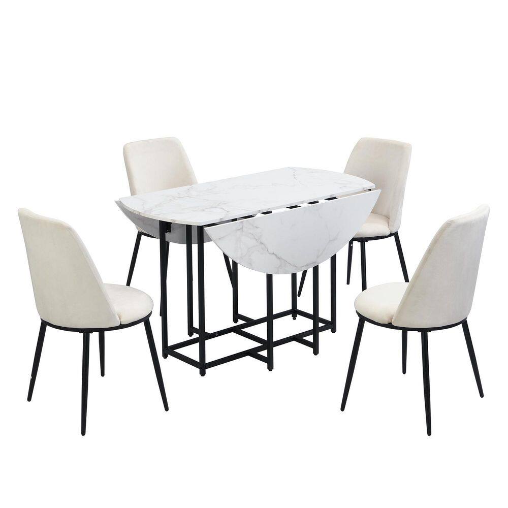 5-Piece Round Beige/White Wood Top Dining Table Set Seats 4 with 4 Upholstered Chairs