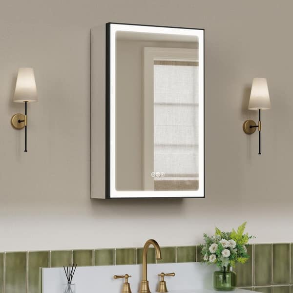 Amelia 14 in. W x 24 in. H Rectangular Aluminum Medicine Cabinet with Mirror, Adjustable Shelf, Dimmable Light, Anti-Fog