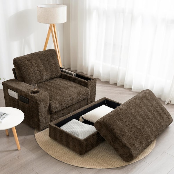 Harper & Bright Designs Brown Oversized Faux Rabbit Fur Chaise Lounge with Storage Ottoman and Armrests, Cup Holders, Side Pockets