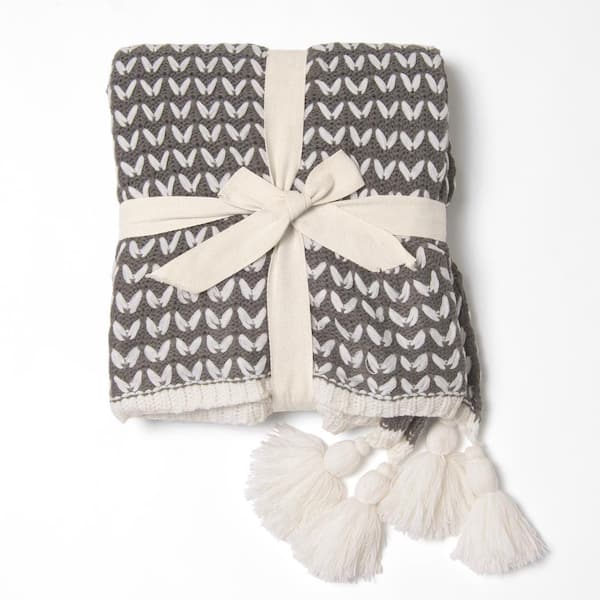 Best Home Fashion Black Braid Pattern Knit Tassel Throw Blanket