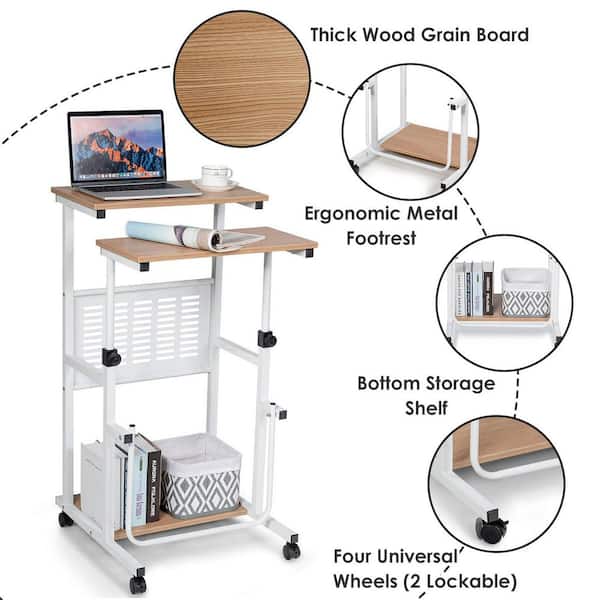 Costway 38.5 in. Oak Height Adjustable Computer Standing Desk with wheels and Footrest QD-6Z67 Costway 38.5 in. Oak Height Adjustable Computer Standing Desk with wheels and Footrest QD-6Z67