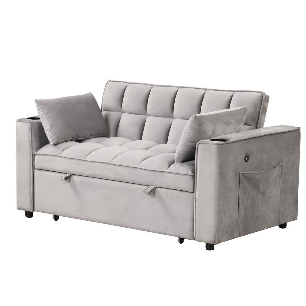 55.3 in. Square Arm Velvet Rectangle Sofa with Cup Holder and USB Port in. Gray