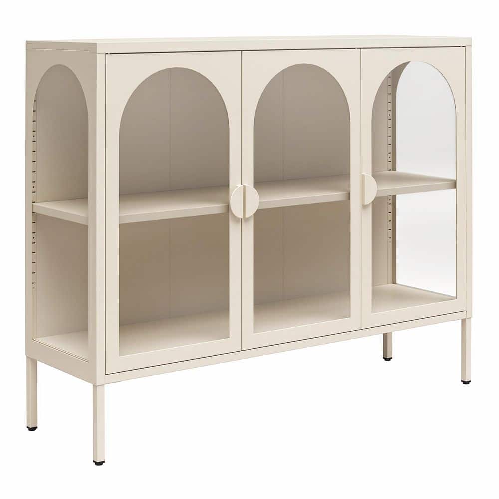 Chloe Metal Accent Cabinet With 3 Arched Glass Doors, Parchment
