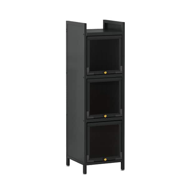 Tileon 13.8 in. W x 14.2 in. D x 47.24 in. H Black Iron Freestanding Cabinet with 3-Glass Door and Lockable Wheels