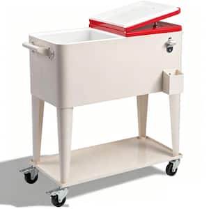 80 qt. Rolling Ice Chest, Portable Bar Drink Cooler with Catch Basin, Bottom Storage Tray and Bottle Opener, Milk White