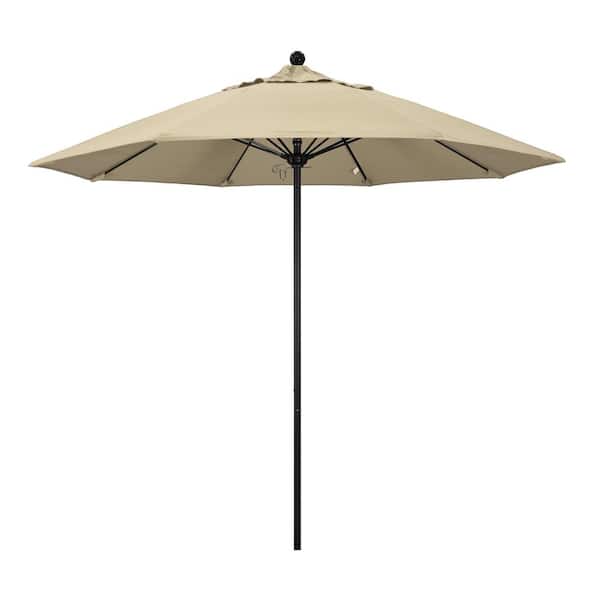 California Umbrella 9 ft. Black Aluminum Commercial Market Patio Umbrella with Fiberglass Ribs and Push Lift in Antique Beige Sunbrella